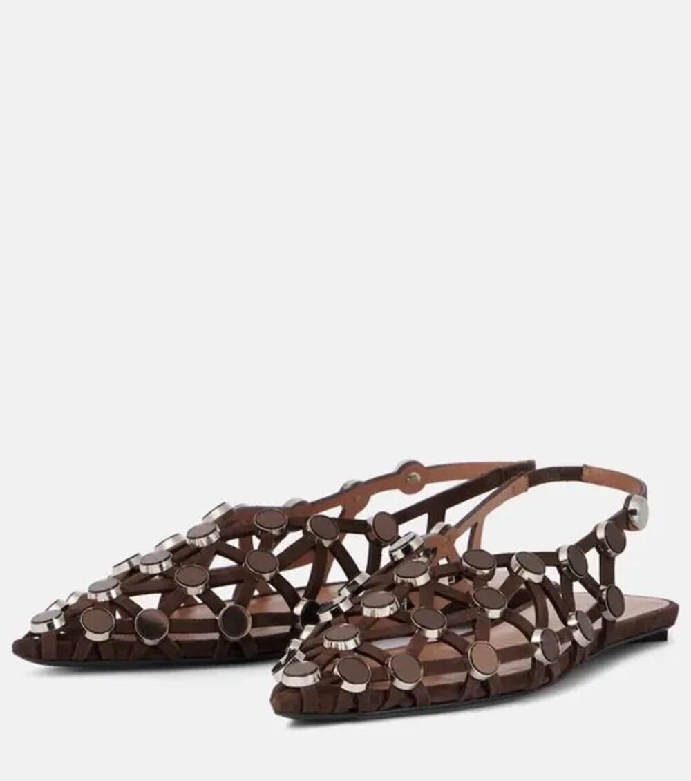 The Attico Brown Suede Slingback Grid Ballerina Pointed Toe Flats 38 / US 8